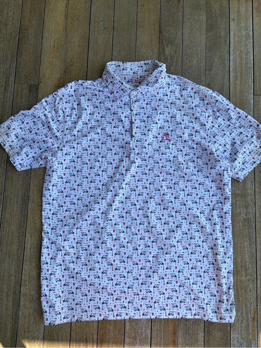 Rhoback White Polo with Small Red & Black golf pattern